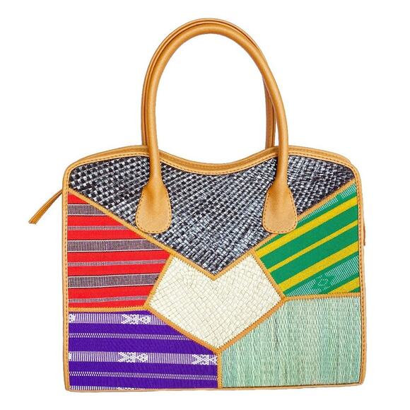 NWOT Women's Multicolor Handwoven Fabric Straw Ethnic Satchel Handbag - Picture 2 of 6